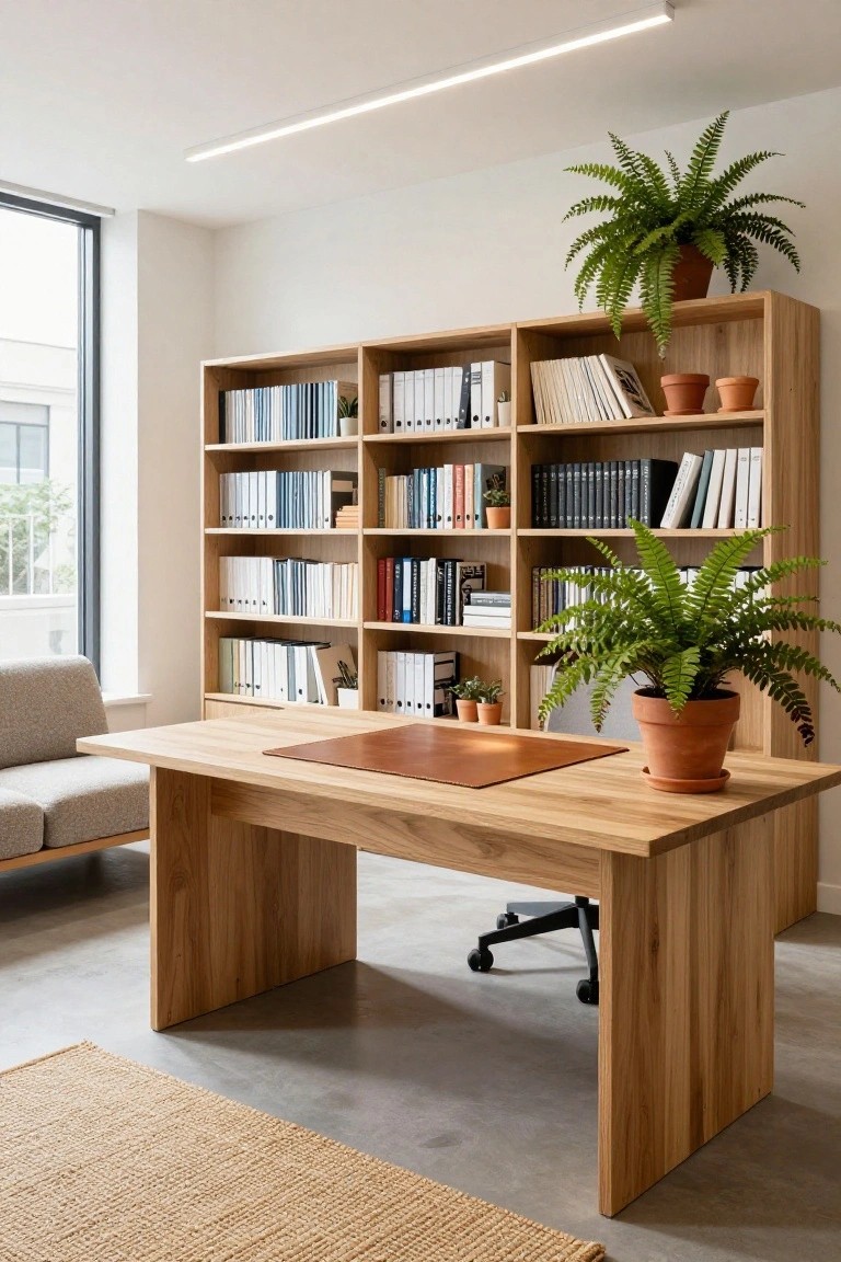 Contemporary office interior with light oak wood desk, matching tall bookshelves filled with books and binders, potted ferns and plants, leather desk mat, black office chair, gray two-seater sofa, beige rug, and large window.