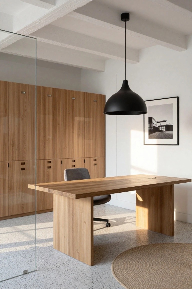 Modern office interior with tall oak wood lockers featuring glass doors on the left, wooden desk and gray swivel chair in the center, black pendant lamp overhead, framed photo on white wall, seagrass rug on terrazzo floor.