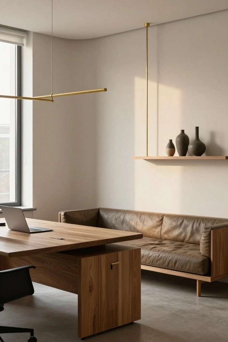 Contemporary office interior with large light wood desk, open laptop, black office chair, adjacent tan leather L-shaped sofa on wood frame, wooden shelf holding three ceramic vases, gold linear pendant light hanging from ceiling, beige walls, large window with blinds, and polished concrete floor.