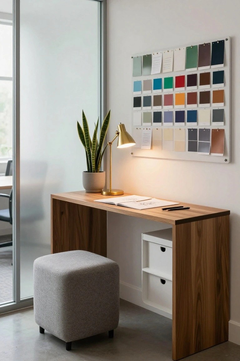 Light oak wood desk with white under-desk storage drawers in a contemporary office, featuring a grey fabric pouf stool, potted snake plant, brass desk lamp, open sketchbook, and wall-mounted grid of fabric color swatches next to a frosted glass door.
