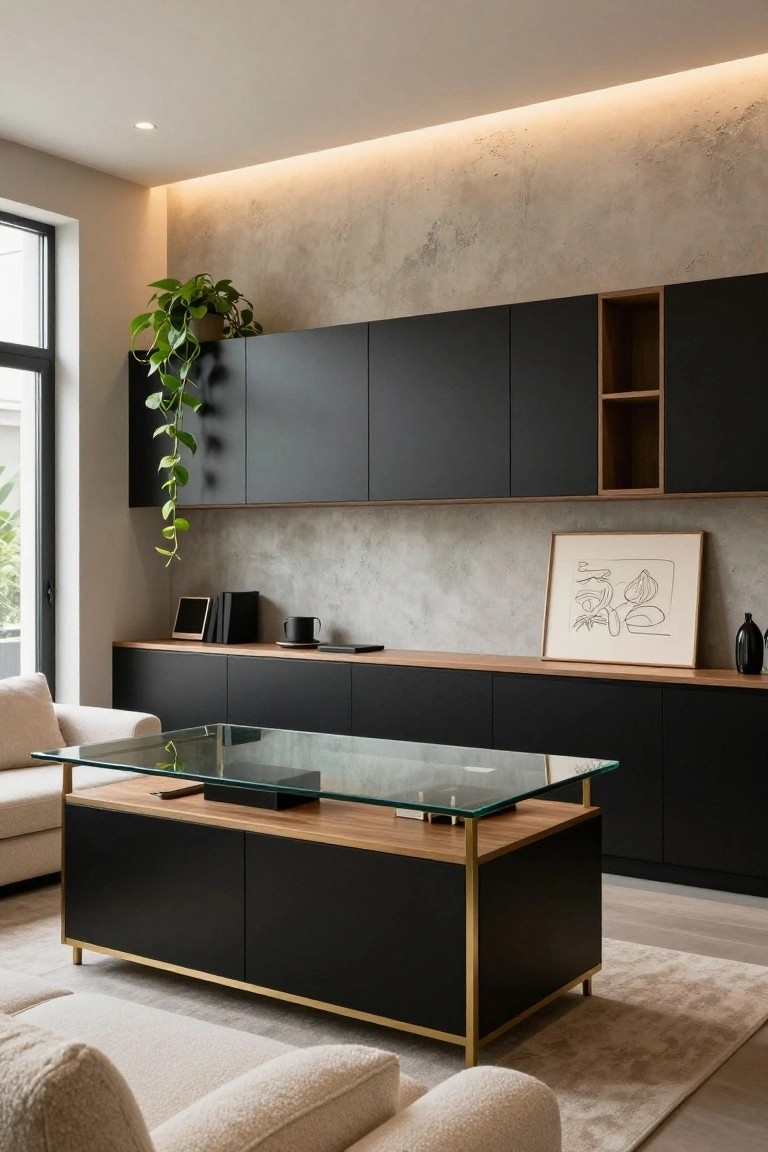 Contemporary home office featuring matte black wall-mounted cabinets with wood shelves and accents, a glass-top desk on brass frame and black base, cream upholstered sofas, hanging plant, and framed artwork against a textured beige wall.