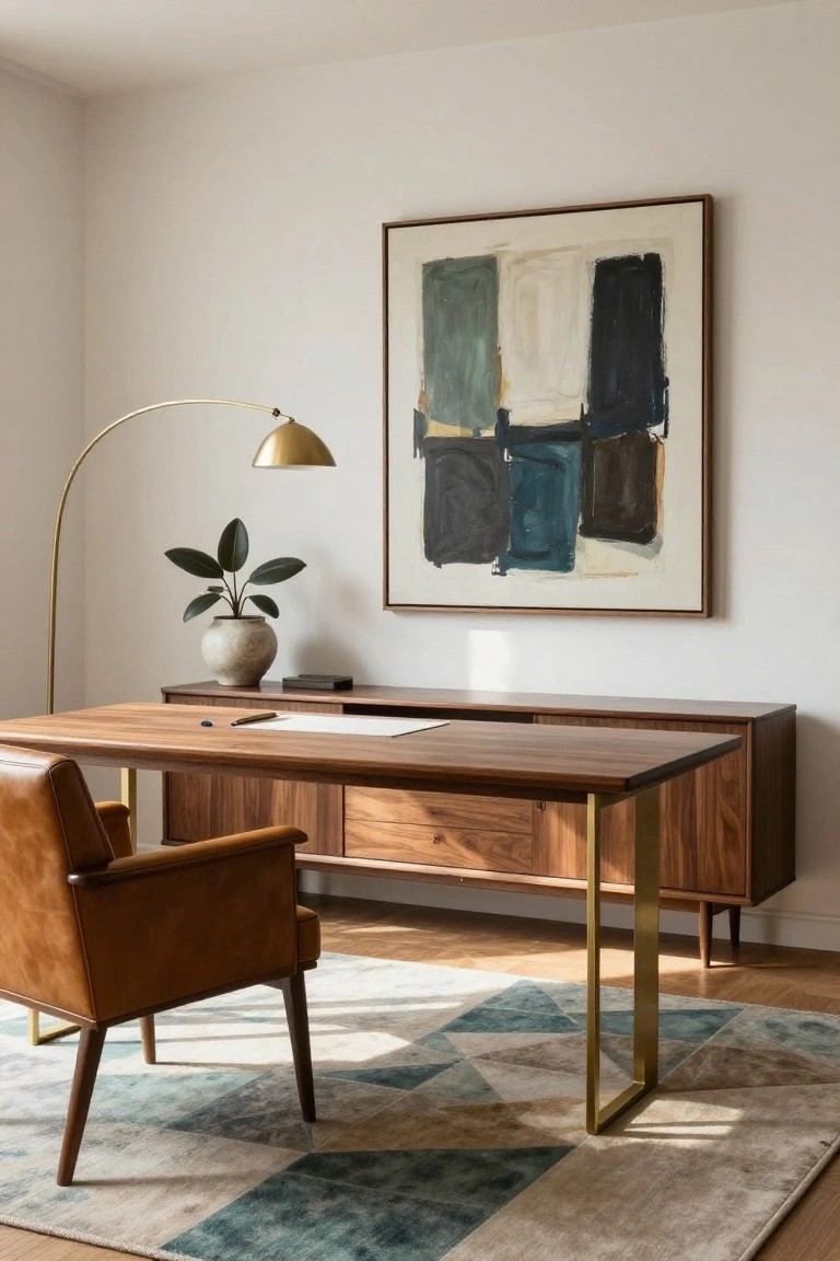 Contemporary home office interior with walnut desk and credenza on brass legs, tan leather armchair, gold arc floor lamp, potted plant in ceramic pot, abstract multicolored painting in wood frame on white wall, and geometric rug on wood floor.
