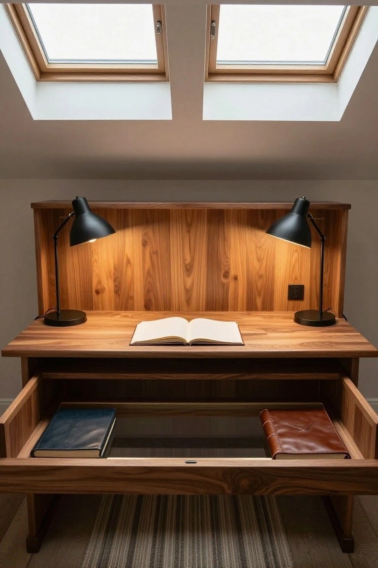 Wooden desk with open lower storage holding a blue book and leather-bound notebook, two black desk lamps on matching wooden back panel, under two skylights in a light room.