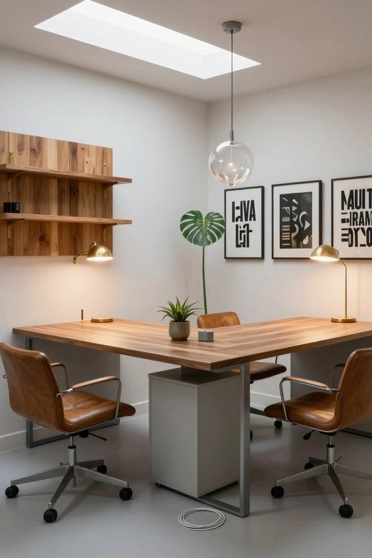 Contemporary office room with light wood corner desk, four tan leather armchairs on metal bases, wooden wall shelves, monstera plant in pot, small potted plant, desk lamps, wall art frames, pendant light, and skylight above gray floor.