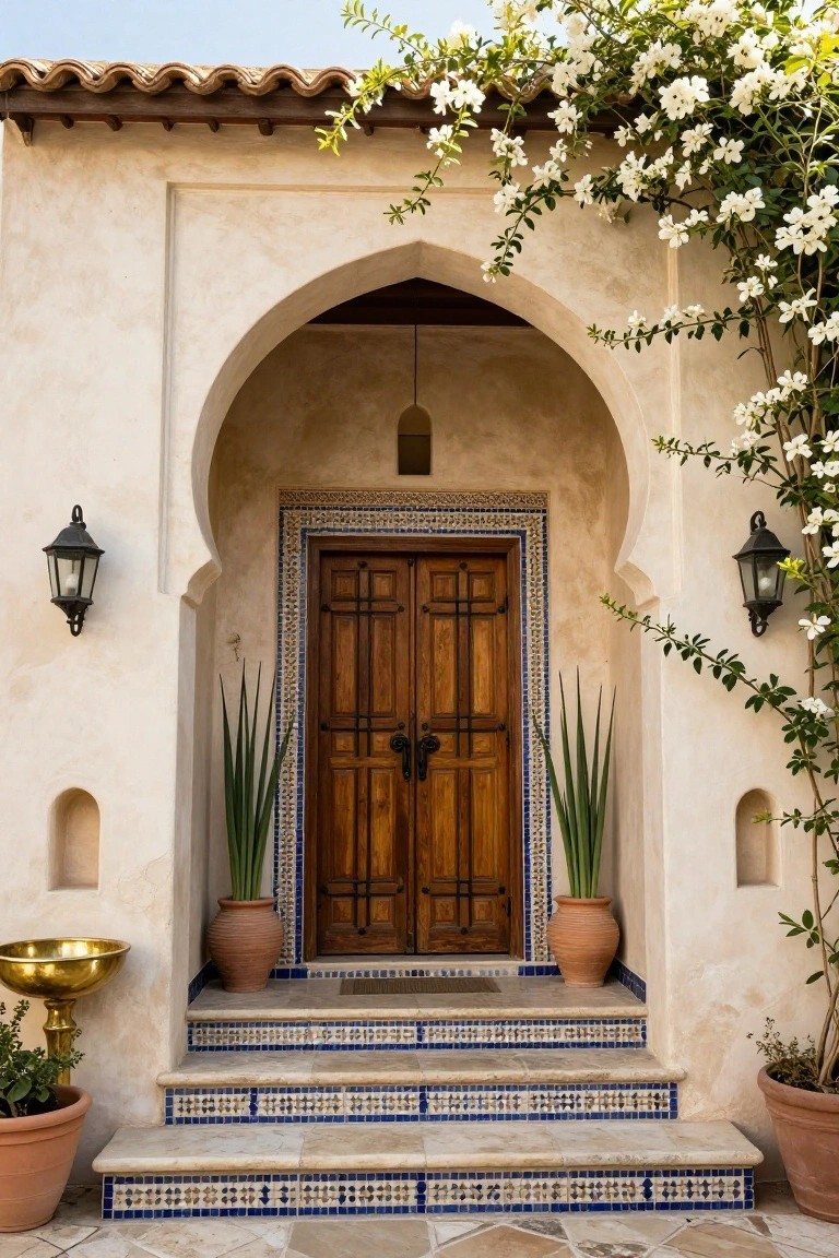 Beige stucco house entrance with a large arched wooden double door framed by blue mosaic tiles, flanked by potted plants and wall lanterns, climbing white flowers on the walls, and tiled steps.