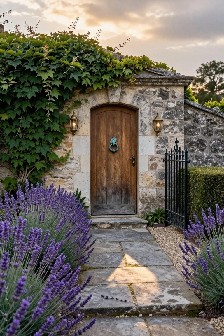 Stone archway entrance with weathered wooden door featuring a green lion knocker, ivy-covered walls, brass lanterns, black iron gate, lavender plants along stone path, and gravel edging.