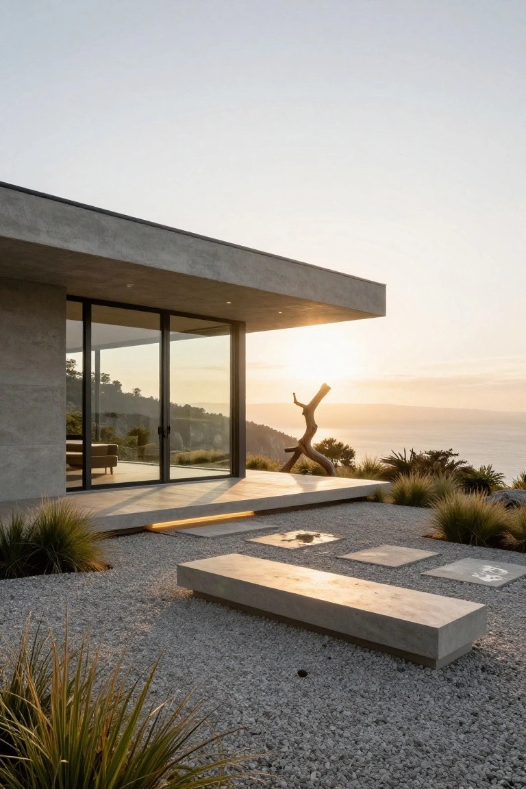 Modern concrete house exterior with cantilevered roof over a gravel terrace, large glass sliding doors, stone bench, grasses, driftwood sculpture, and ocean view at sunset.