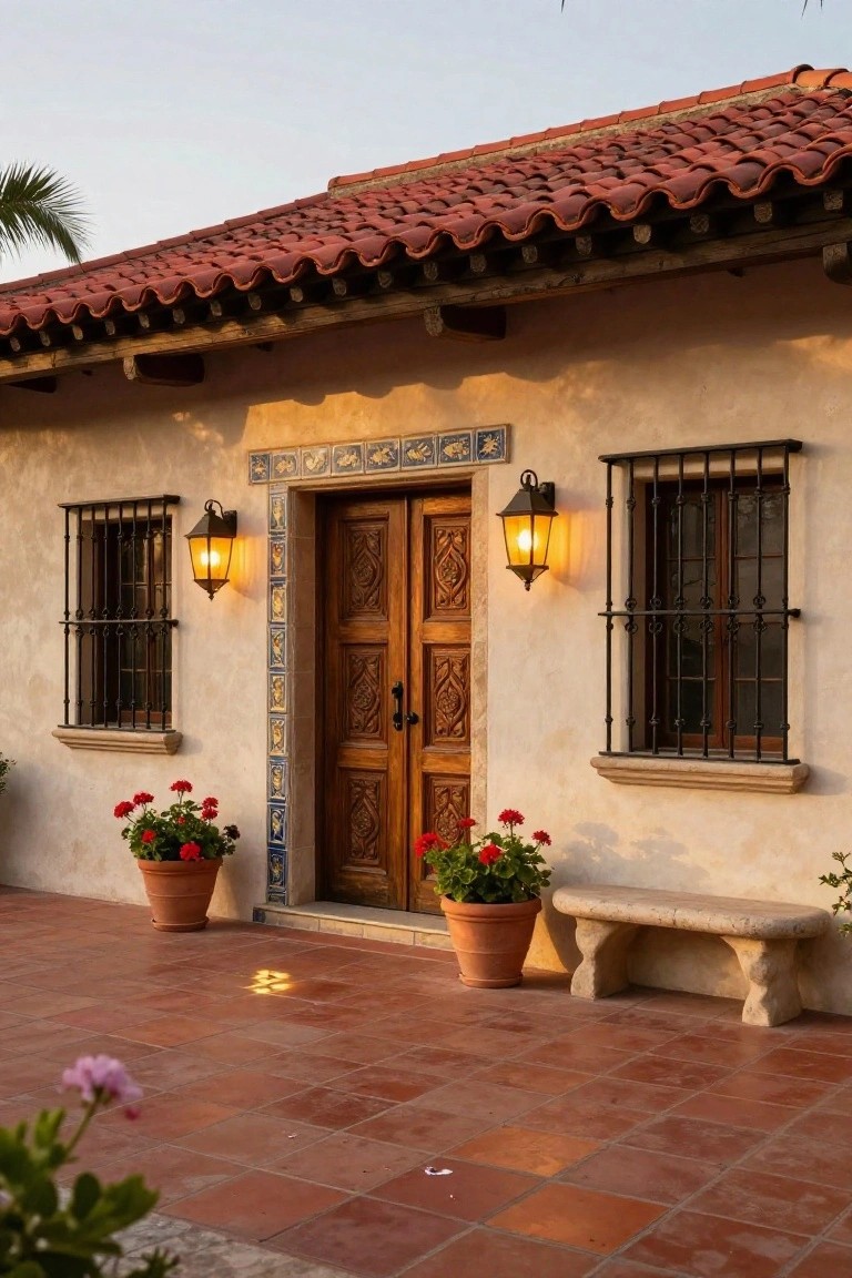 Adobe house facade with carved wooden double entry doors framed by blue tiles, wrought iron grilled windows, wall lanterns, potted red geraniums, stone bench, and terracotta tile patio.