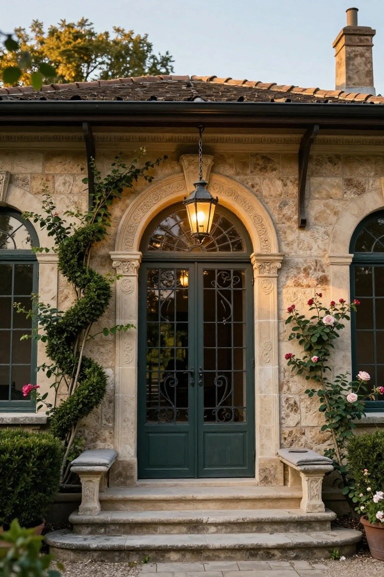 Beige stone facade of a house entrance with arched double green doors featuring wrought iron grilles, a hanging lit lantern, climbing ivy on the arch, rose bushes nearby, side benches, and potted plants on a gravel path.