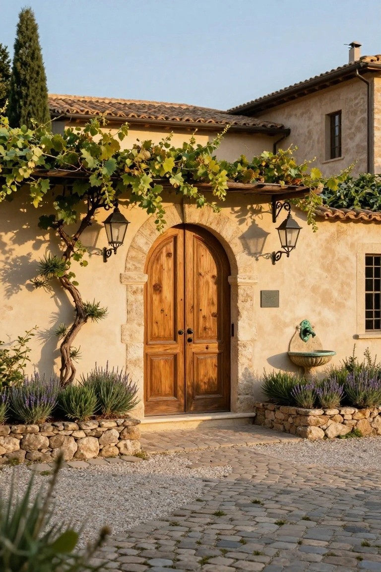 Arched double wooden door entrance on a stucco villa wall flanked by wrought-iron lanterns, draped grapevines overhead, lavender plants in stone beds, and a gravel path in front.