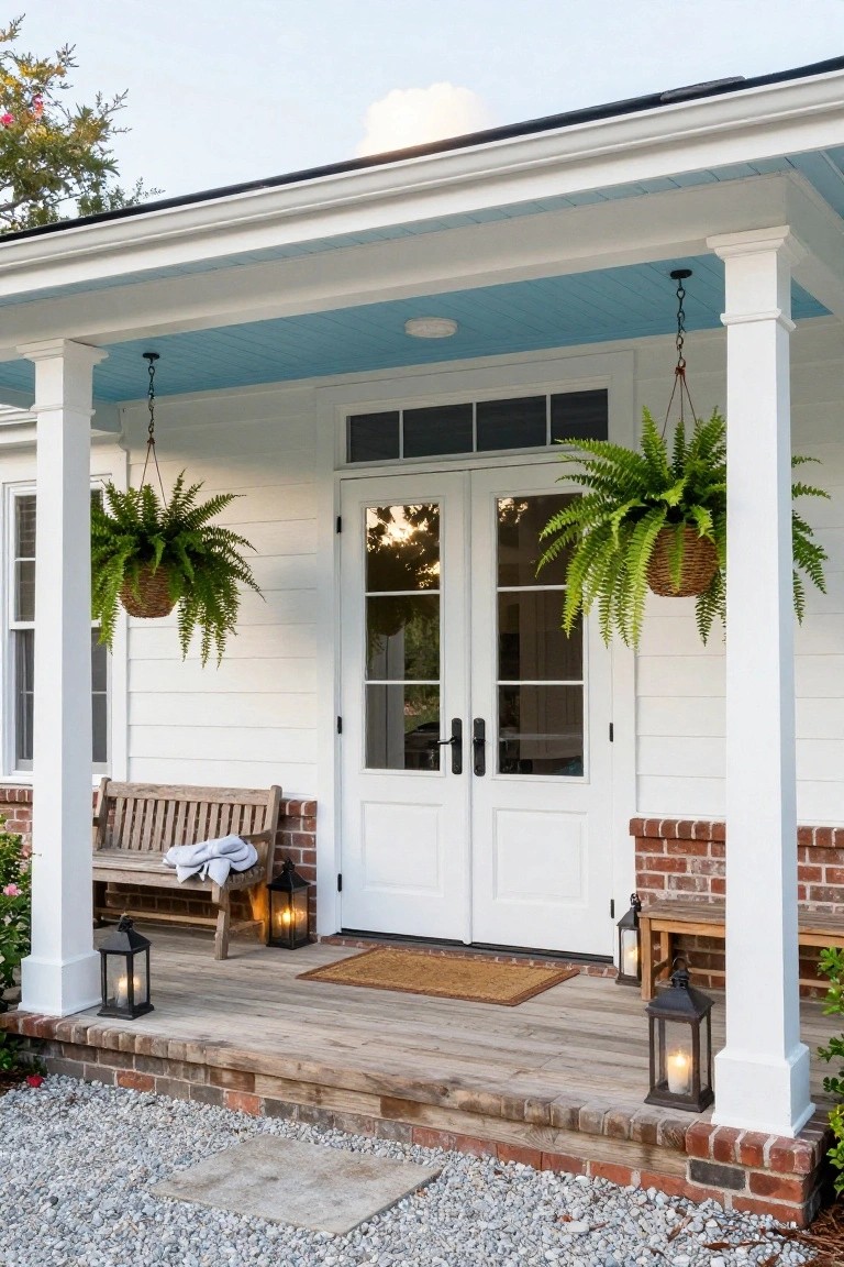White clapboard house exterior with blue porch ceiling, white columns holding hanging fern baskets, double white French doors, wooden benches with blankets, black lanterns, brick foundation steps, and gravel ground.