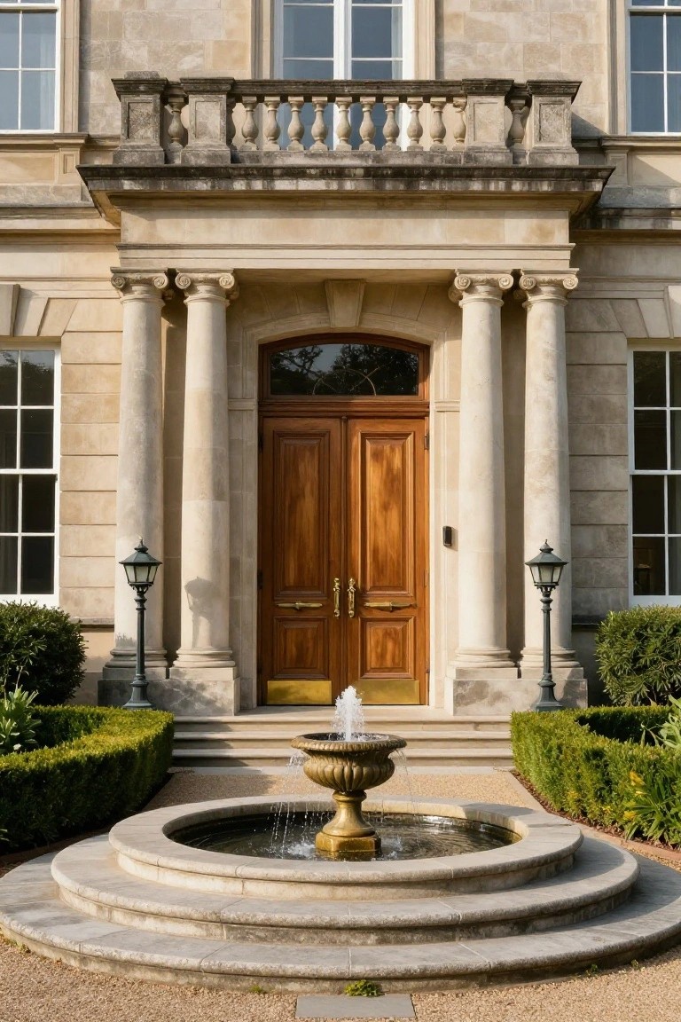 Beige stone mansion entrance with fluted columns flanking a dark wood double door, flanked by lanterns and boxwood hedges, featuring a central urn fountain on circular tiered stone steps in a gravel courtyard.