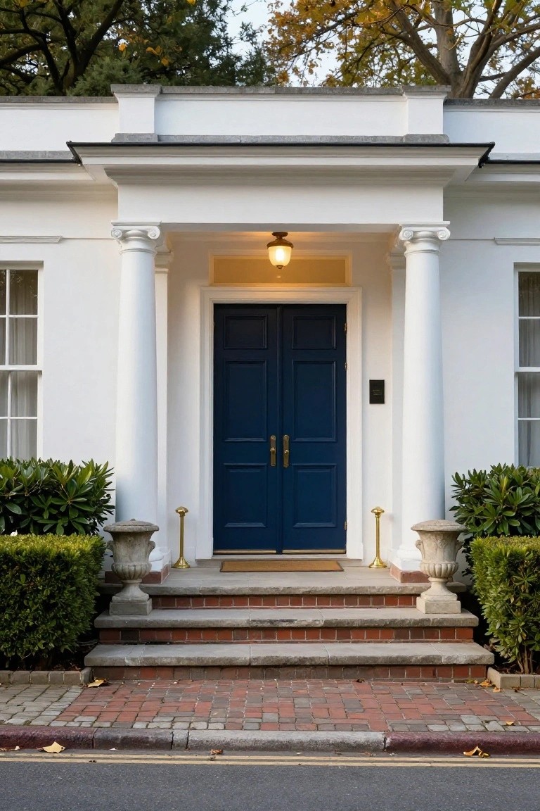 White single-story house exterior with neoclassical portico supported by two fluted columns, navy blue double front doors with brass handles, lit lantern above, stone steps with urns and shrubs on sides, brick path in front.