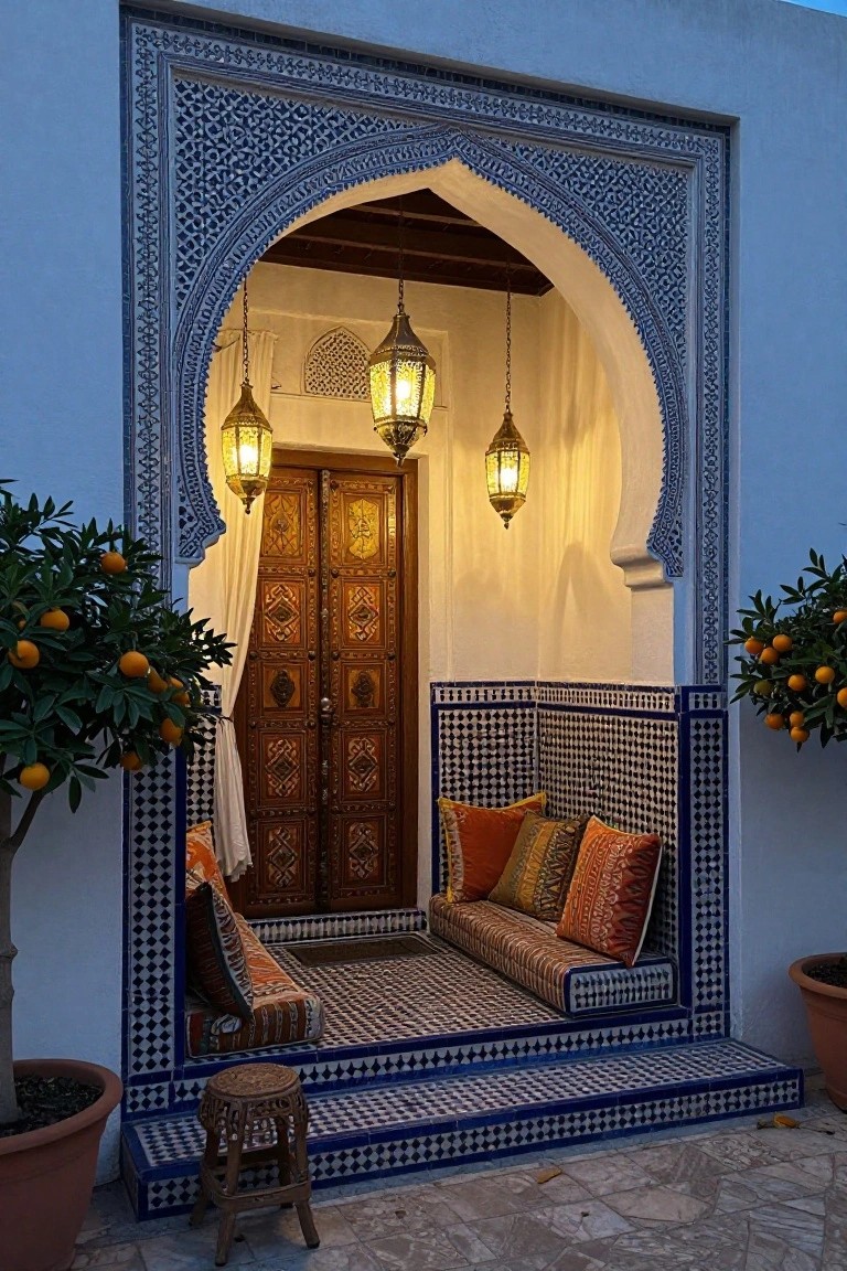 Blue and white tiled arched entrance alcove with carved wooden double doors, three hanging brass lanterns, built-in bench seating with colorful cushions, potted orange trees on both sides, and tiled steps leading up.