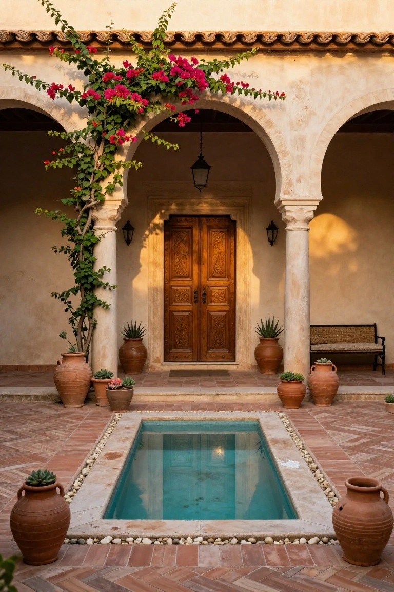 Beige stucco courtyard with arched entrance featuring a carved wooden double door, pink bougainvillea vines climbing the arches and columns, large terracotta pots with agave and succulents surrounding a small rectangular turquoise pool edged in pebbles on terracotta brick tiles, and a wooden bench to one side.
