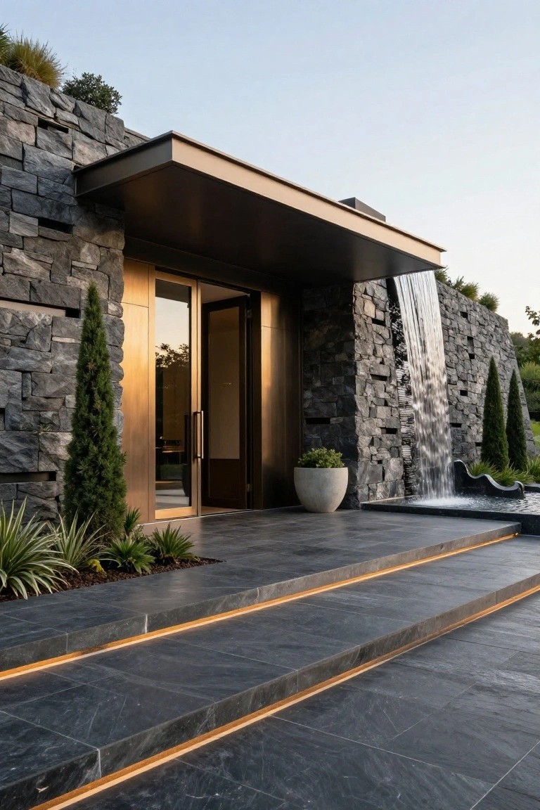 Luxury home entrance with double bronze glass doors in a stone wall, adjacent cascading waterfall on another stone wall, potted plants, cypress trees, and wide black steps with edge lighting.