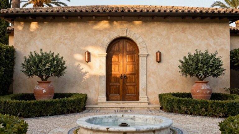 Beige stucco house entrance with a dark wood double door in a light stone frame, flanked by two potted olive trees in large terracotta urns, copper lanterns on walls, steps leading to the door, and a circular stone fountain with water in the foreground on a pebble surface.