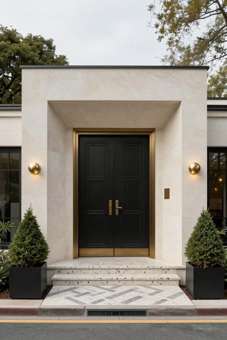 House entrance with recessed black double door in gold frame set into light beige stone facade, gold orb wall lights on sides, black planters with topiary trees flanking steps of white terrazzo with gray pattern.