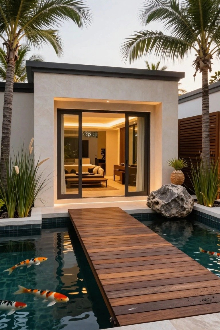 Wooden walkway bridge spans a rectangular koi pond with colorful fish, leading to a modern house entrance with large glass sliding doors, flanked by palm trees and potted plants.