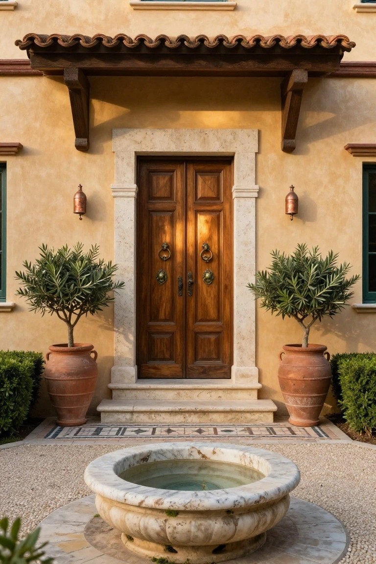 Beige stucco house entrance with a dark wood double door in a light stone frame, flanked by two potted olive trees in large terracotta urns, copper lanterns on walls, steps leading to the door, and a circular stone fountain with water in the foreground on a pebble surface.