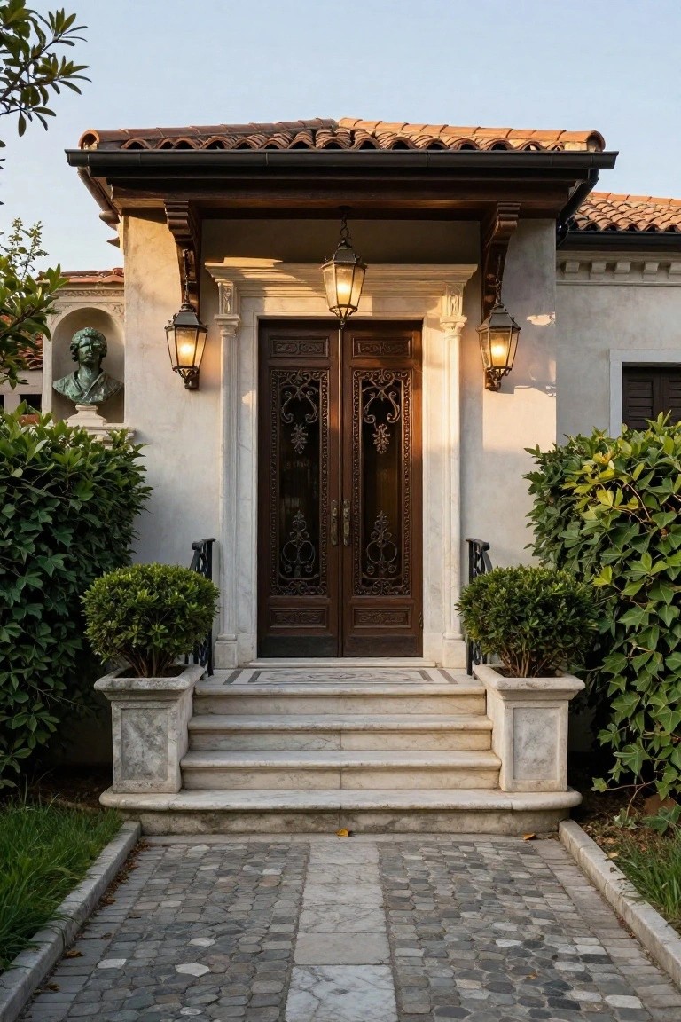 Front entrance of a stucco villa with large carved wooden double doors centered under an arched portico, flanked by lanterns, stone steps, boxwood shrubs in pots, greenery, and a pebble pathway.