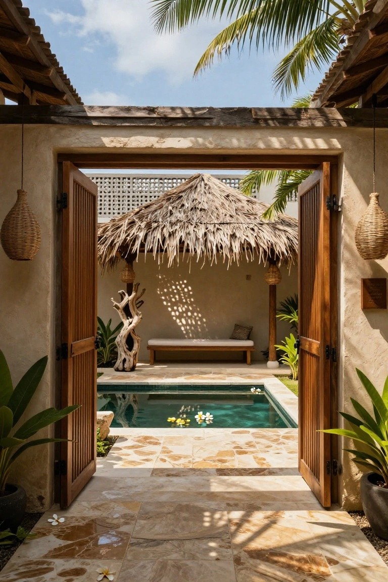 Open double wooden doors from a stone-tiled pathway into a walled courtyard with a small rectangular emerald pool containing floating white flowers, a thatched-roof pavilion holding a bench and driftwood sculpture, tropical plants, and potted lanterns under palm trees and blue sky.