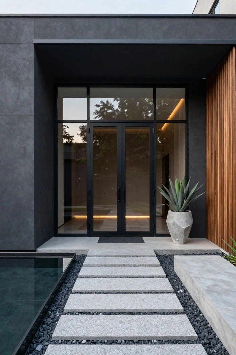 Modern villa entrance with black double doors inside tall glass walls, textured gray exterior walls, wood slats on one side, large potted agave plant, stone slab pathway, black pebble edging, and adjacent pool edge.