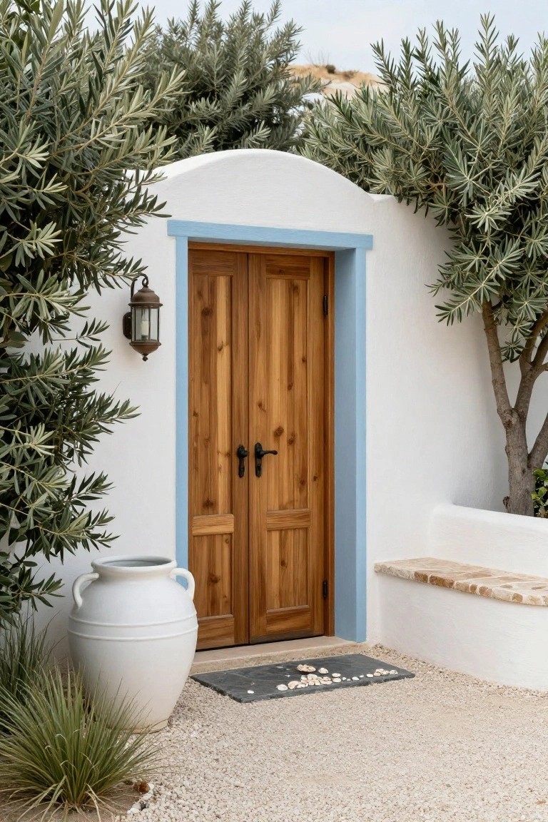 Wooden double door with blue trim, white walls, olive trees, and clay pot.