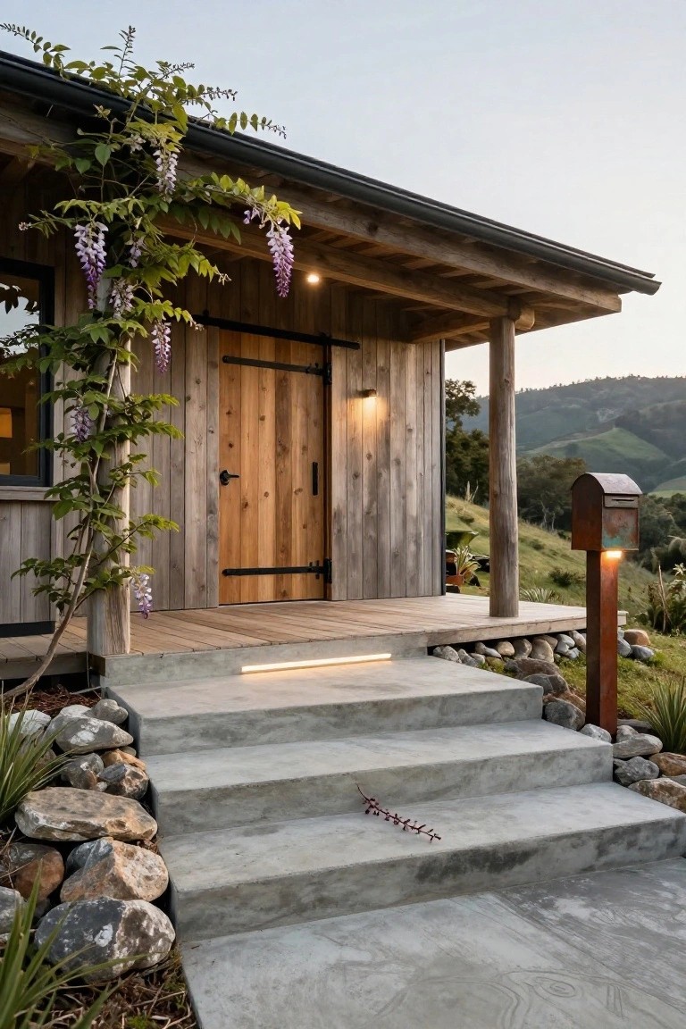 Rustic wooden house entrance with timber plank door, black iron hinges and latch, wisteria vines climbing a porch post, warm wall light, wooden deck, concrete steps bordered by rocks and plants, and green hillside background.