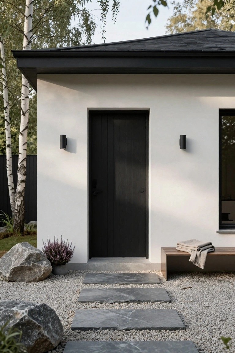 Modern minimalist house entrance with black door, stone path, and gravel garden.