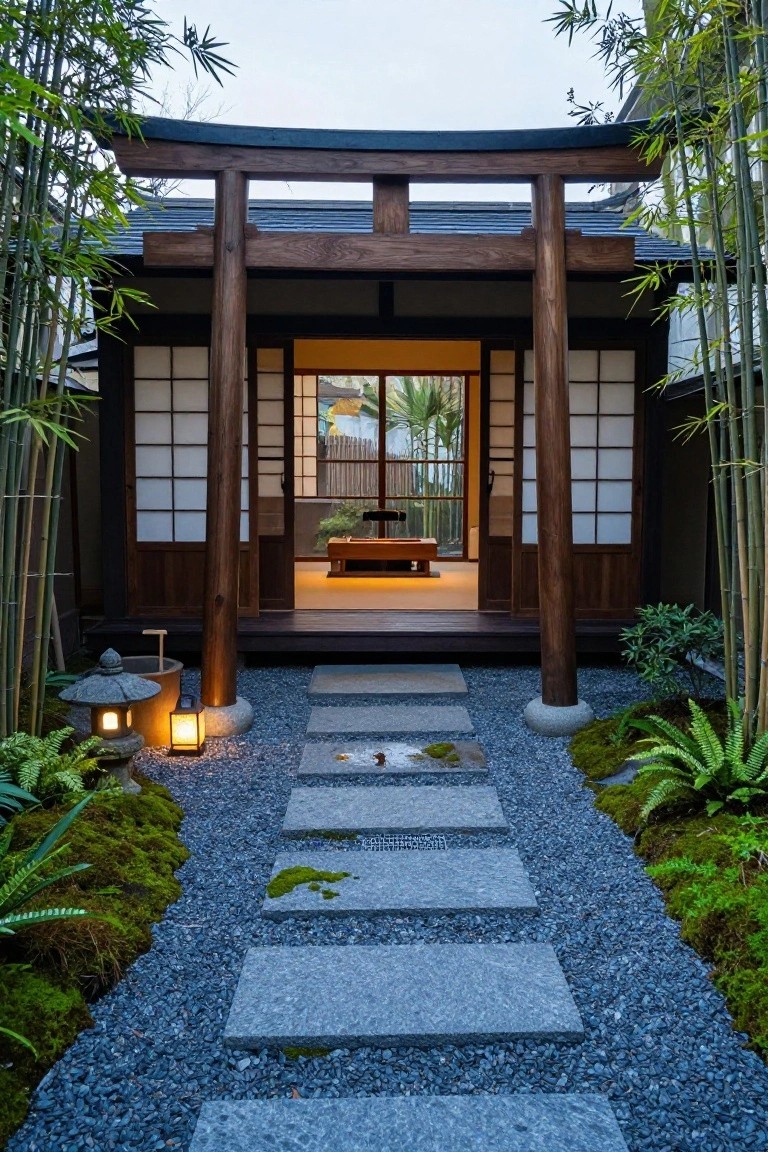 Wooden torii gate spanning a gray gravel path with irregular stone stepping stones leading to an open Japanese-style porch with shoji screens, flanked by bamboo plants and stone lanterns.