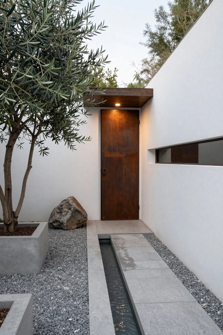 White exterior wall with recessed brown wooden door under a wooden canopy with light, stone path parallel to narrow water channel in gravel area with olive tree, large rock, and concrete planters.