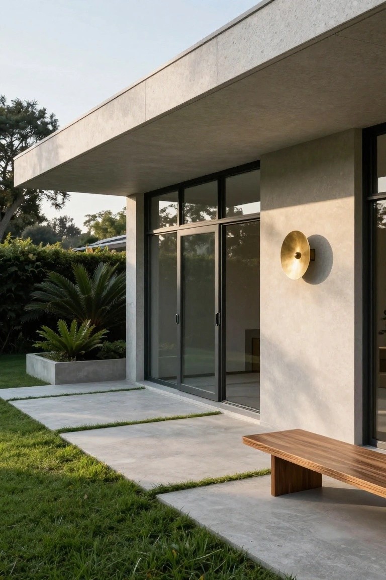 Modern villa exterior with overhanging concrete roof, large sliding glass doors, brass wall sconce, wooden bench on concrete path beside potted plants and lawn.