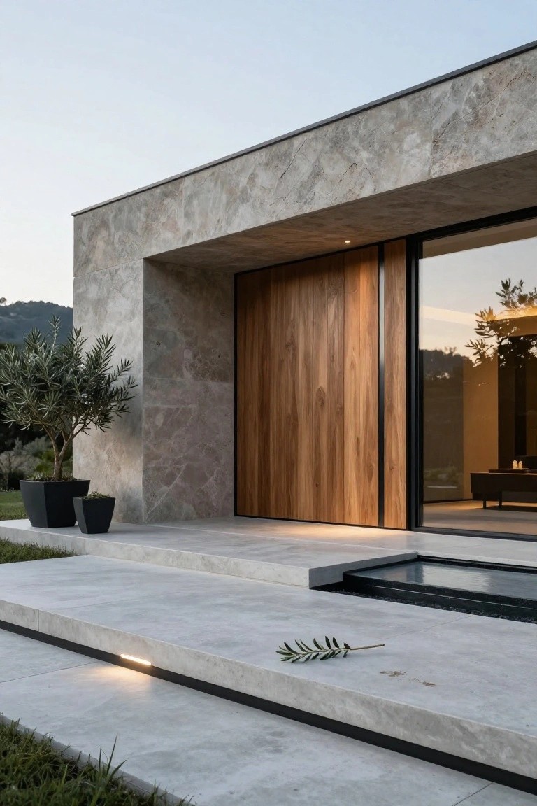 Gray stone-clad exterior of a modern villa entrance with a tall vertical wooden door, adjacent floor-to-ceiling glass wall, concrete steps with LED lighting, linear black water channel, black planters holding olive trees, and an olive leaf on the steps.
