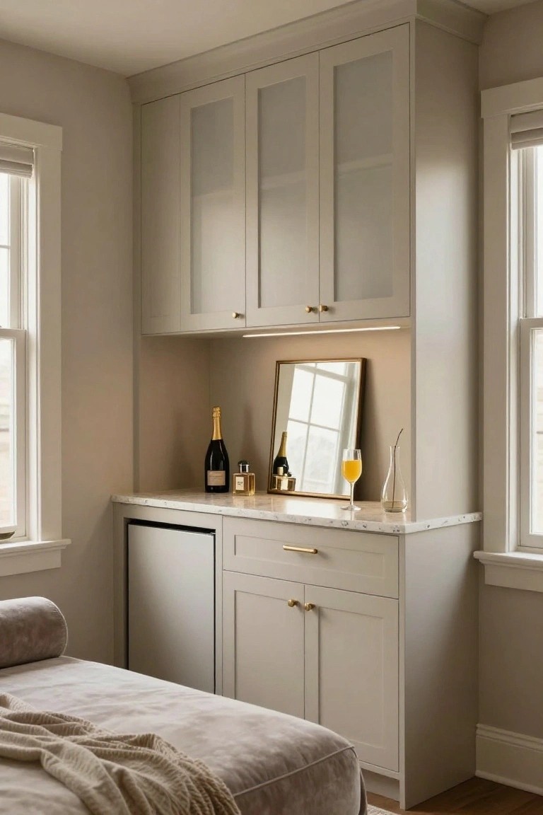 Tall beige built-in corner cabinet with glass-fronted upper doors over a countertop displaying champagne bottles, glassware, and a vase, with a mini-fridge in the base cabinet next to a bed in a light-colored bedroom.