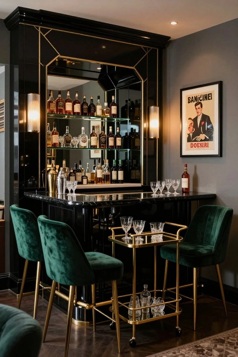 A luxurious indoor home bar with black lacquer cabinetry framed in gold, multiple shelves of liquor bottles, emerald green velvet barstools at a black countertop, and a gold bar cart nearby.