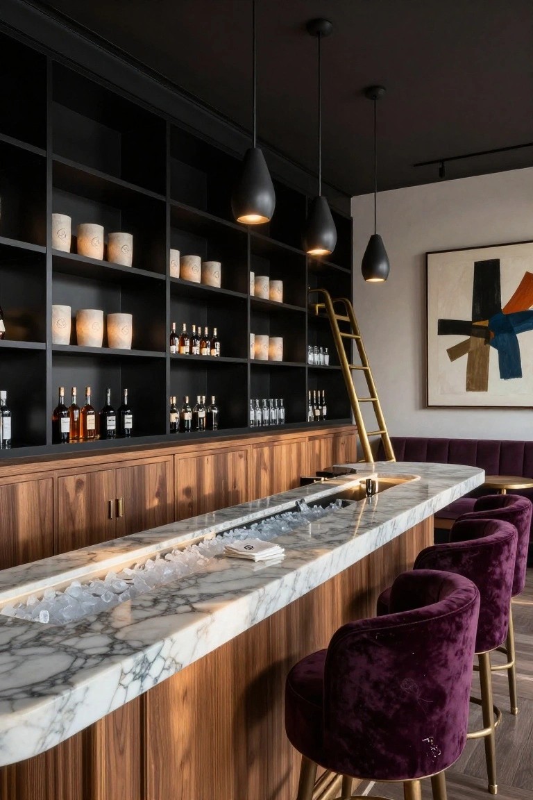 Modern home bar interior with black wall-mounted shelves holding bottles and ceramics, gold brass ladder on rail, white marble curved countertop with ice-filled trough, wood cabinets below, and purple velvet barstools.