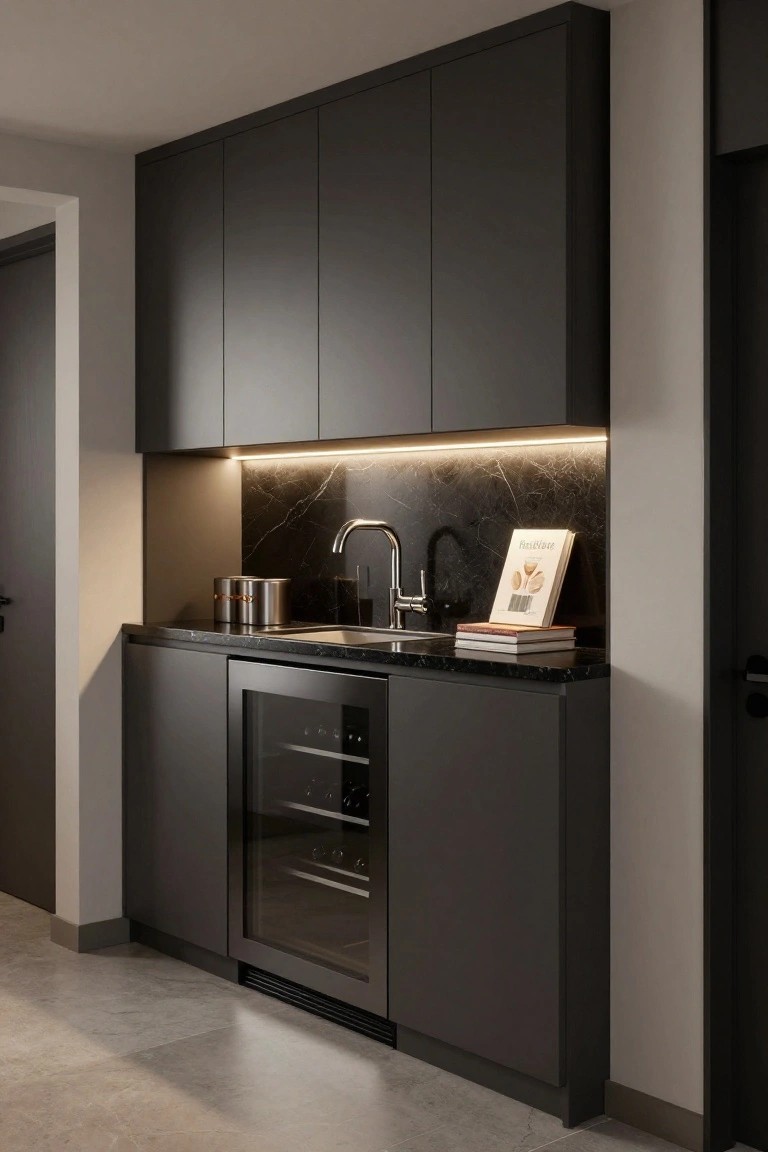 Modern indoor kitchen bar with matte black cabinets, black marble countertop and backsplash with LED lighting, stainless sink, built-in glass-door wine cooler, and a few books and containers on the counter.