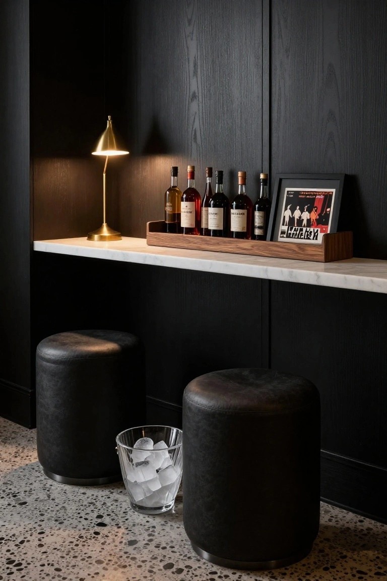 Dark wood-paneled wall with a white marble floating shelf holding whiskey bottles in a wooden tray, a brass cone lamp, black framed poster, two black leather poufs, and a glass ice bucket on terrazzo floor.
