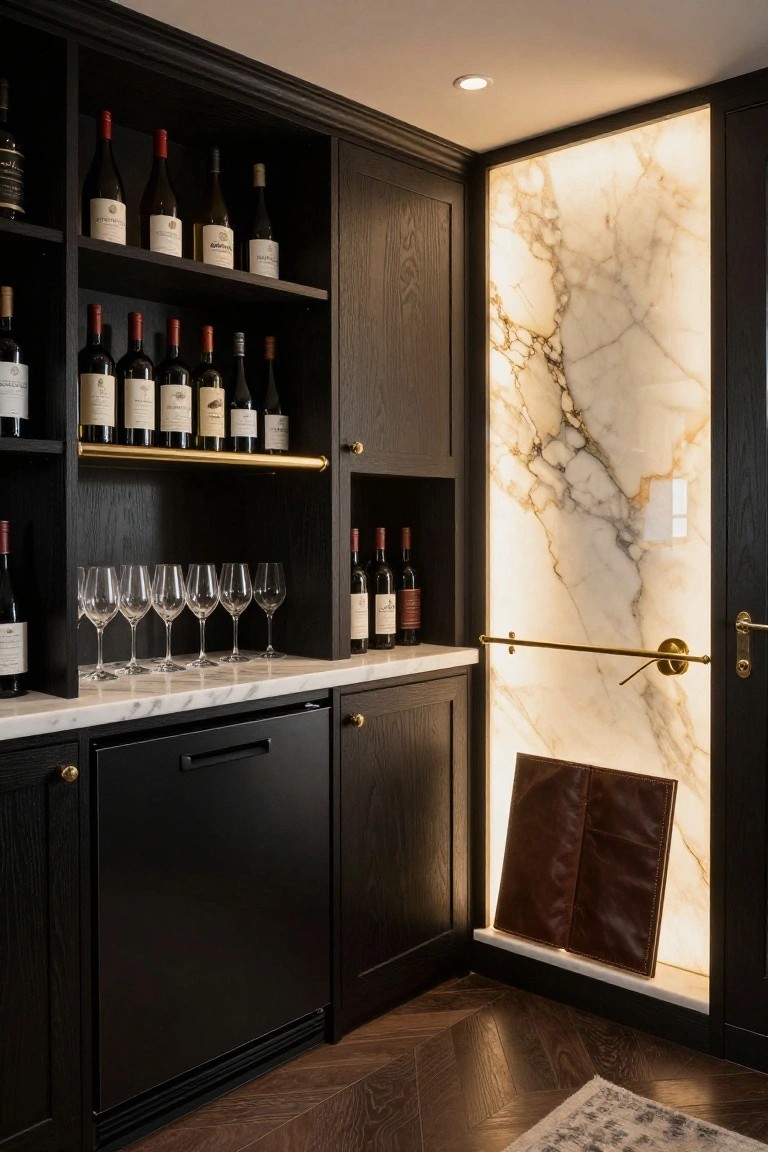 Corner home bar featuring dark wood cabinets with wine bottles and glasses on a white marble countertop, black dishwasher drawer, gold bar rail, and tall backlit onyx wall panel next to a leather folio.