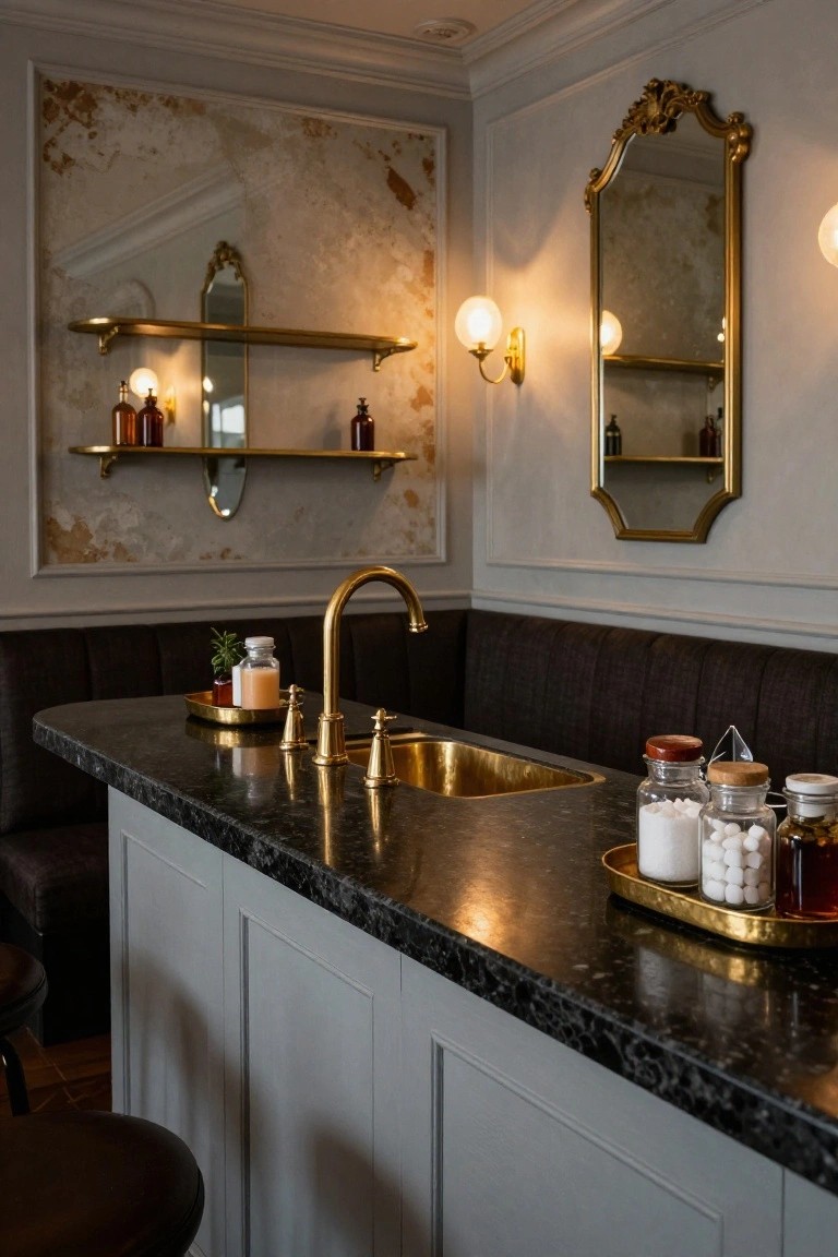Home bar nook with black granite countertop, brass gooseneck faucet and gold sink, glass jars and bottles on shelves and tray, ornate gold mirrors, wall sconces, and dark upholstered bench seating.