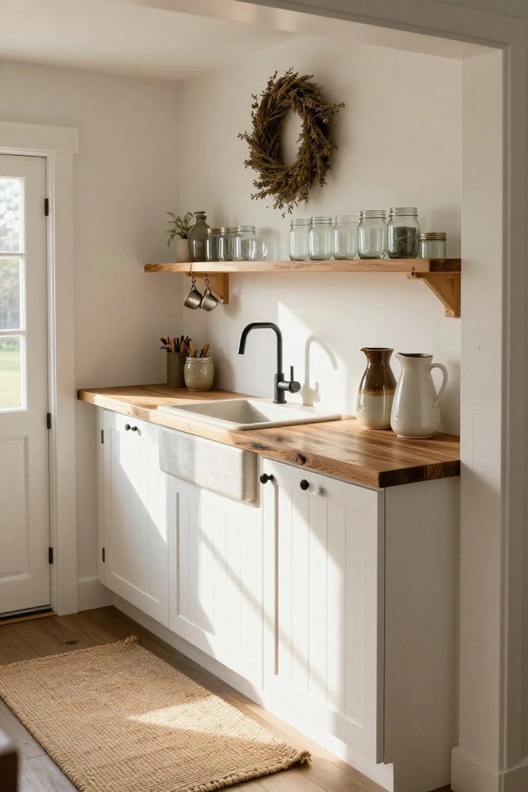 White shaker-style kitchen cabinets under a wooden countertop with an apron-front sink and black faucet, open wooden shelves holding glass jars and plants, a wheat wreath on the wall, and a jute rug on hardwood floors.