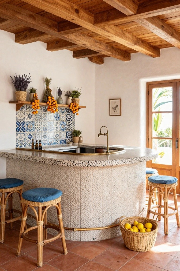 Curved white pebble mosaic bar counter with integrated sink, blue tiled backsplash, wooden shelves holding plants and oranges, rattan bar stools with blue cushions, and a basket of lemons on terracotta tile floor.