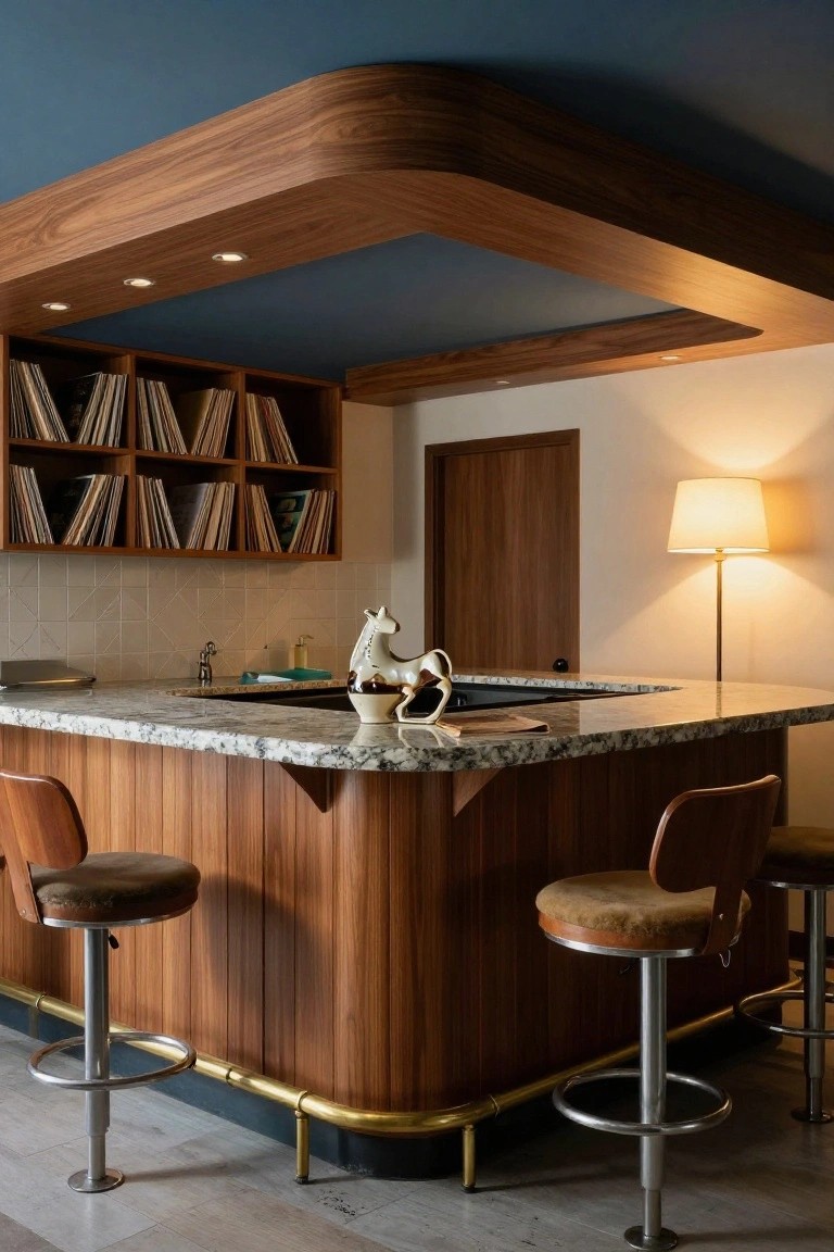 Curved wooden bar counter with granite top and sink, two upholstered bar stools with brass footrests, wooden shelves holding vinyl records above, in a room with blue ceiling and wood trim.
