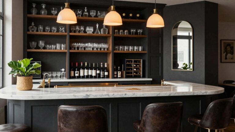 Home bar area with black cabinets, white marble countertop and arched backsplash with gold-framed mirror, brass sink and pendants, leather swivel stools, wine refrigerator, glassware shelves, and potted plants.