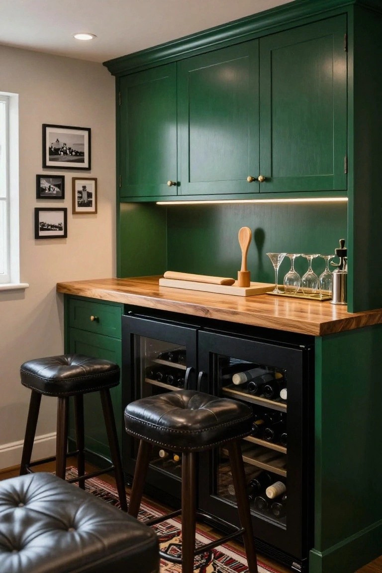 Green wooden cabinetry forming a built-in home bar with butcher block countertop, black double wine cooler doors, two black leather bar stools, and martini glasses on a shelf above.