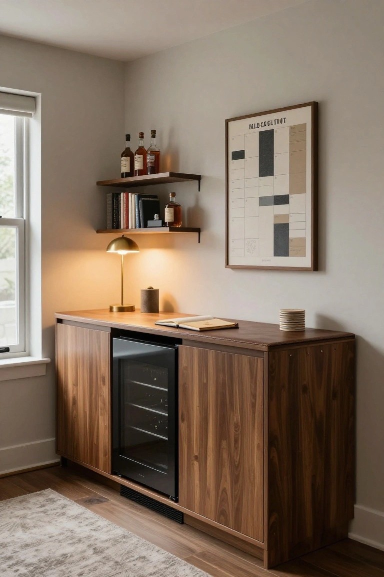 Walnut credenza with integrated black wine cooler in room corner, floating shelves holding liquor bottles, books, and gold lamp, neutral walls and window nearby.