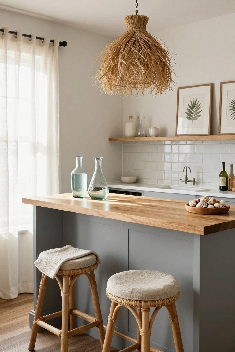 Modern kitchen with gray lower cabinets, wooden-topped island bar, two rattan bar stools with cream cushions, white subway tile backsplash, glass vases on shelves, and rattan pendant light overhead.