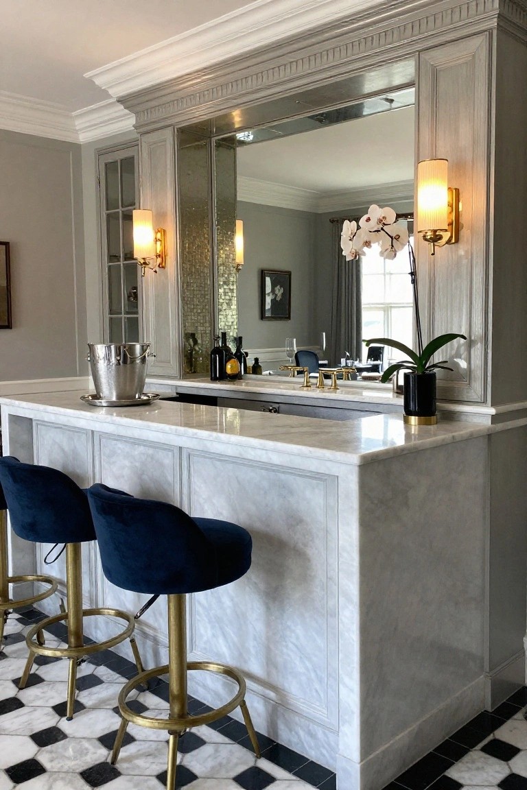 Home bar peninsula with white marble countertop and sides, gray paneled cabinetry, large mirrored backing, two navy blue velvet bar stools on brass bases, wall sconces, orchids, and silver ice bucket on black-and-white checkered tile floor.