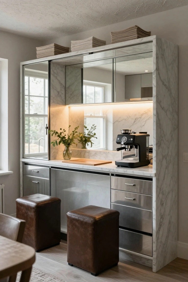 Tall white marble cabinet with mirrored sliding doors serves as a bar area featuring a black espresso machine on the counter, wooden cutting board, glass vase with greenery, two brown leather stools, and a window nearby.